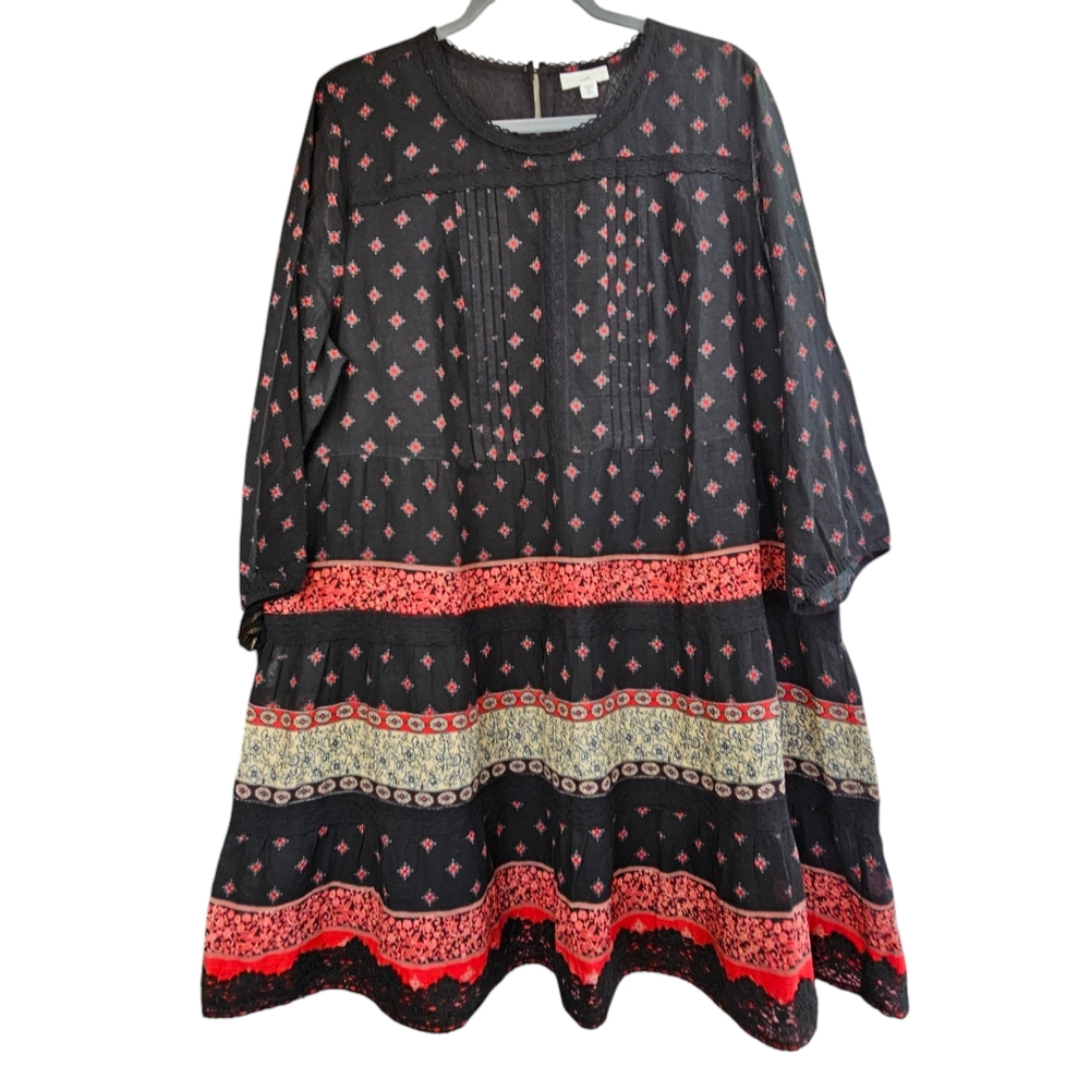J.JILL Pintuck Lace Tiered Black & Red Cotton Floral A-Line Dress Size XLP - Picture 2 of 14